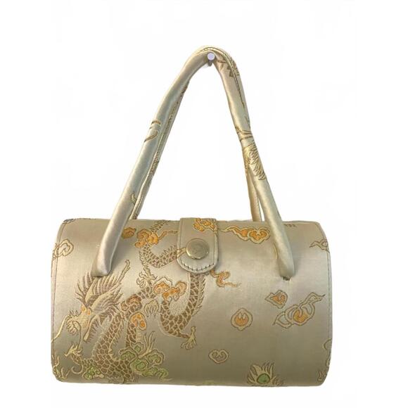 Vintage Brocade Chineese Dragon & Phoenix Cream Purse with Red Satin Lining - Picture 1 of 9